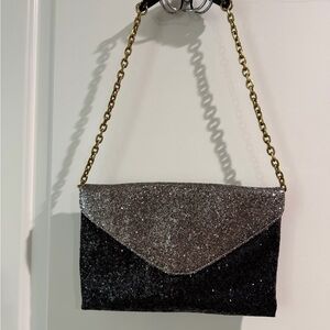 J. Crew Black and Silver Glitter Clutch with Gold Chain